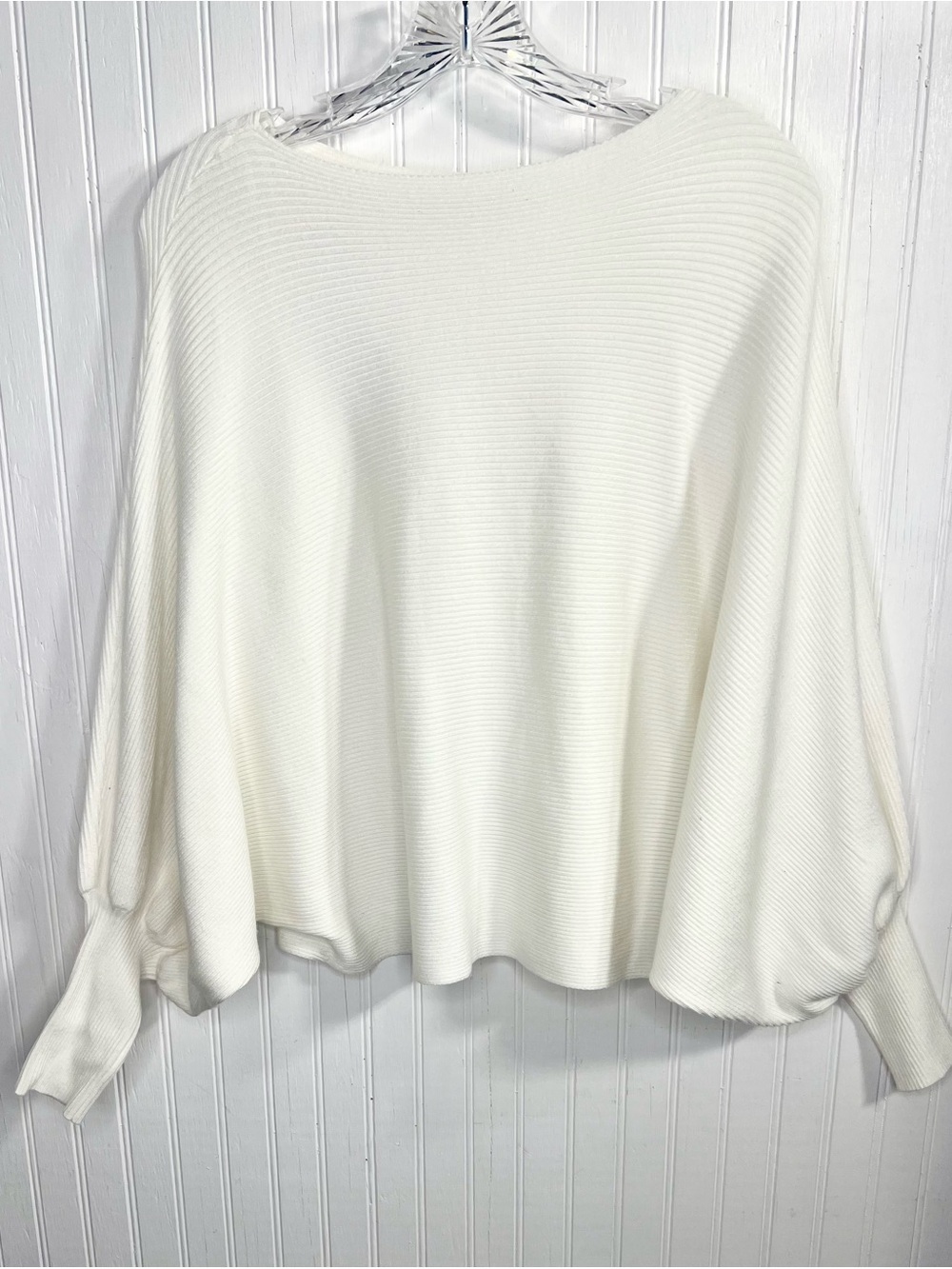 White Ribbed Balloon Sleeve Sweater